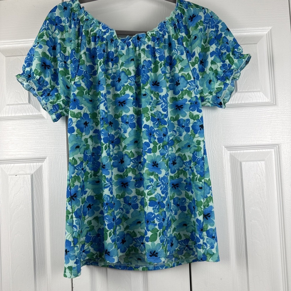 Cato Top Medium Rounded Tie Neck Bright Blue And Green Flowers NWT - Picture 6 of 9
